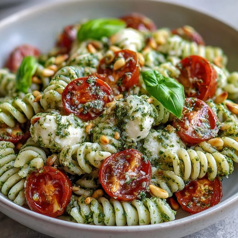 Creamy mozzarella and juicy cherry tomatoes mingle with aromatic pesto in this easy pasta salad, perfect for picnics or warm-weather meals.