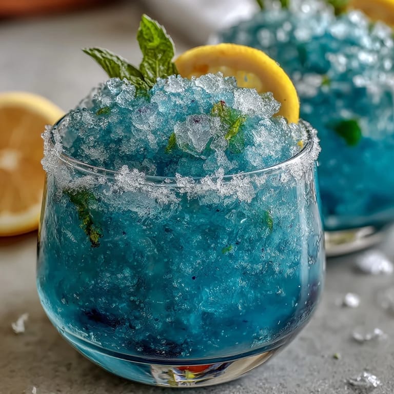 Vibrant blue raspberry lemonade slushie served over crushed ice, bursting with tangy citrus and sweet berry flavors for a cooling drink.