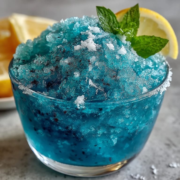 Frosty Blue Raspberry Lemonade Slushie with a sugared rim, garnished with fresh raspberries and lemon wedges, ideal for hot days.