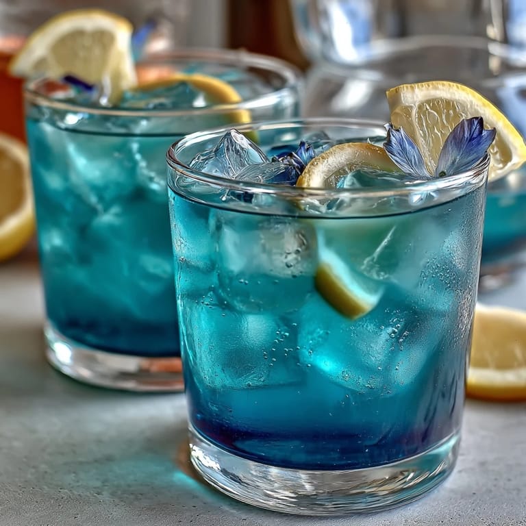 Color-changing lemonade swirling from blue to purple with lemon slices and mint