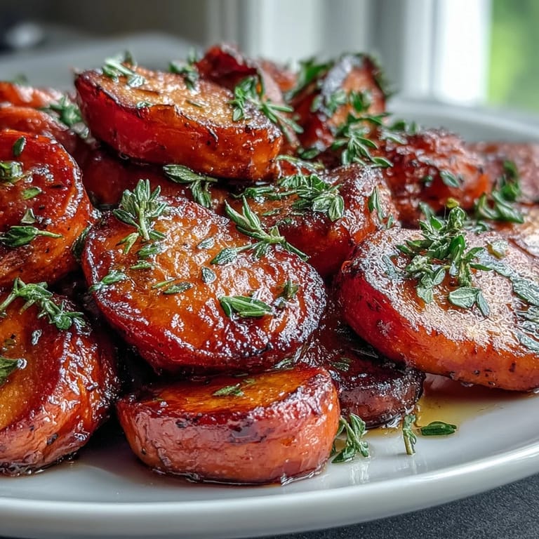 Sweet and savory Honey Glazed Roasted Carrots with Thyme, oven-roasted until tender and lightly caramelized, garnished with fresh herbs.