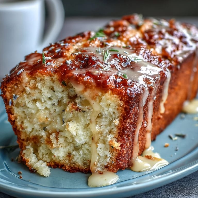 Tender Lemon Lavender Loaf Cake crumb, topped with delicate floral honey glaze drizzle.