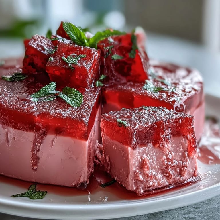 Pretty strawberry rose gelatin mosaic cake, showcasing colorful cubed gelatin suspended beautifully.