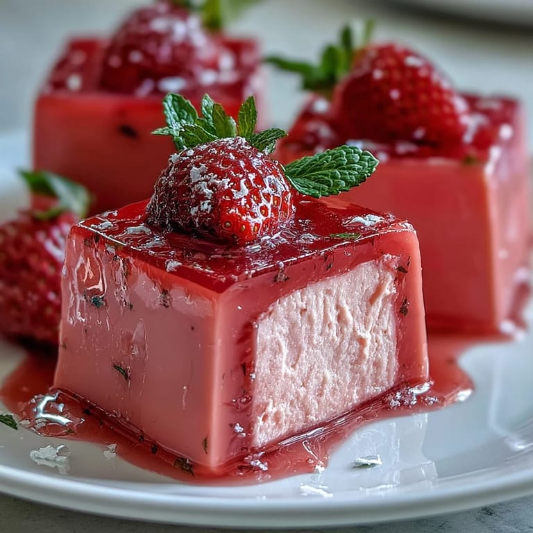 A refreshing strawberry rose gelatin mosaic cake, artfully molded and ready to slice.