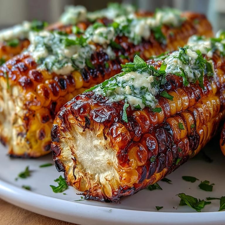 Grilled corn on the cob, smoky and tender, ready for herbed butter toppings.