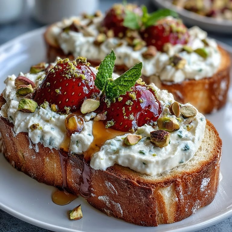 Vibrant strawberry honey ricotta toast, garnished with pistachios and a honey drizzle, ready to enjoy.