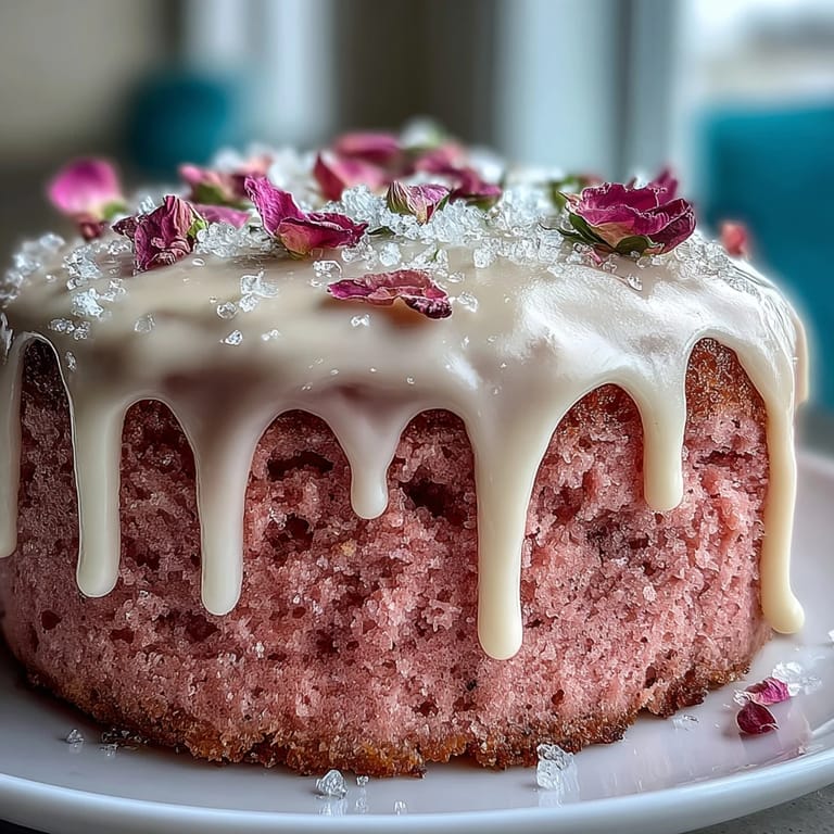 Stunning rosé velvet cake, adorned with a shimmering gold drip and rich frosting.