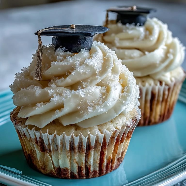 Sweet vanilla graduation cupcakes adorned with glistening black and gold fondant caps.
