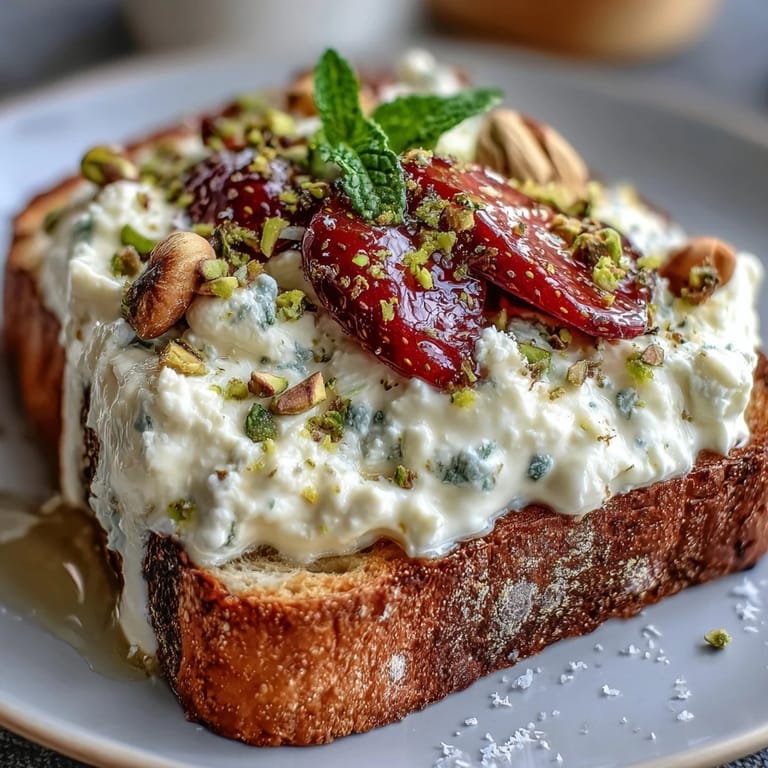 Strawberry honey ricotta toast with pistachios, a delightful sweet and savory easy breakfast bite.
