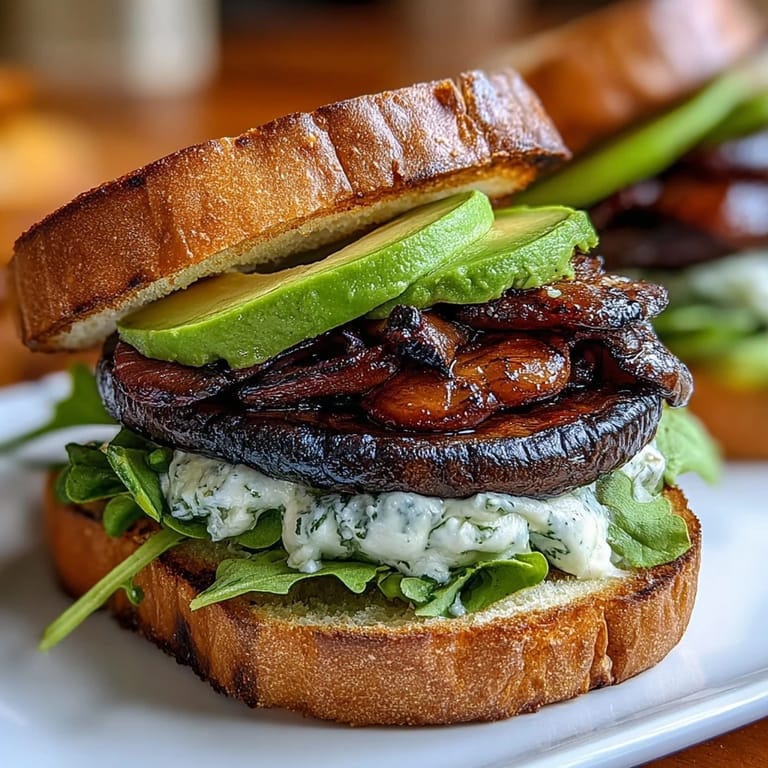 Plump grilled portobello mushroom burgers with vibrant avocado, a delicious vegetarian meal.