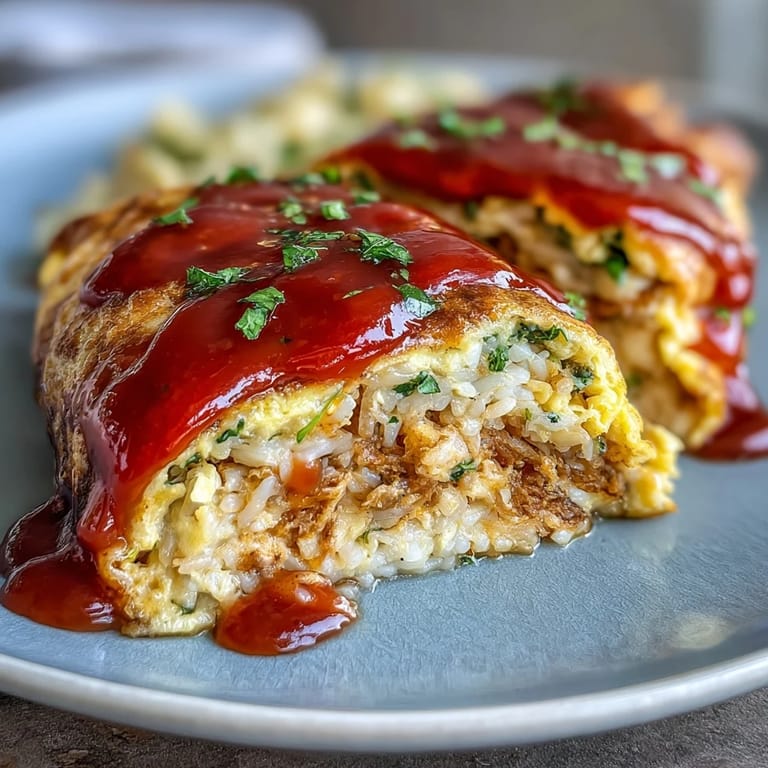 Delightful Omurice, topped with sweet ketchup drizzle, a delightful meal.