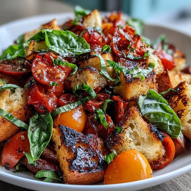 Enjoy this colorful Summer Panzanella, a hearty bread and tomato salad.