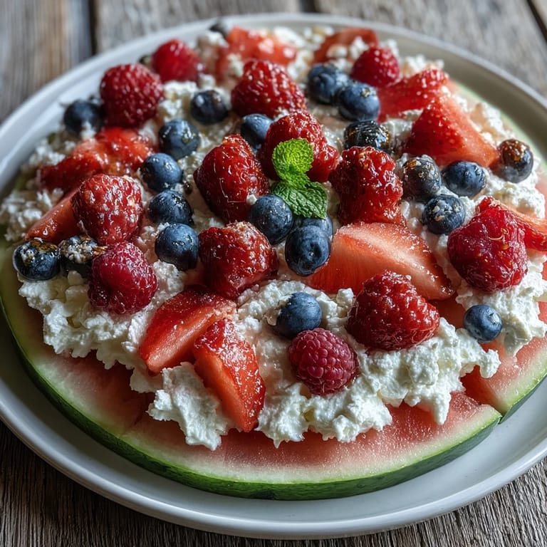 Festive watermelon pizza with summer berries, a light cream topping.