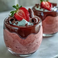 A single glass of Chocolate-Covered Strawberry Mousse with layers of pink mousse and glossy dark chocolate ganache, topped with fresh strawberry halves and chocolate curls on a white marble surface.