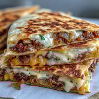 Golden-brown Cheesy Griddled Smashburger Quesadillas are sliced into wedges, revealing melted cheddar, American cheese, and caramelized onions on the griddle.