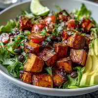 Roasted sweet potato and black bean bowl topped with fresh avocado, juicy cherry tomatoes, and vibrant cilantro. 