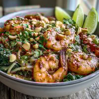 Vibrant Asian Noodle Bowl with tender shrimp, crisp carrots, and zucchini tossed in a savory sauce.