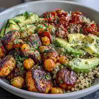 Lemon vinaigrette grain bowls with roasted chickpeas, vibrant quinoa, crisp vegetables, and creamy avocado slices.