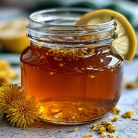 Vibrant yellow dandelion jelly with fresh lemon and honey, glistening in a glass jar on a rustic wooden table.