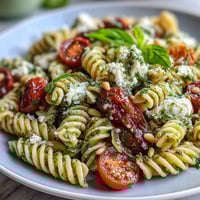 Vibrant summer pasta salad with pesto, cherry tomatoes, and mozzarella, tossed with fresh arugula and basil for a light, flavorful dish.
