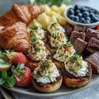 Easter Brunch Board with Deviled Eggs, Fruit, and Pastries featuring colorful deviled eggs, fresh seasonal fruit, and flaky pastries arranged for a festive, shareable spread.