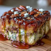 Warm Mexican capirotada with golden toasted bread, raisins, and melted cheese, baked in spiced piloncillo syrup.