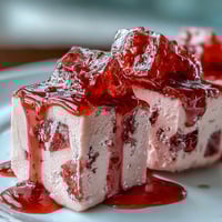 Vibrant strawberry rose gelatin mosaic cake, glistening with fruit cubes in creamy goodness.