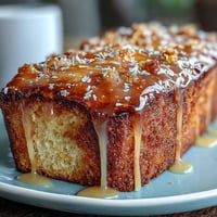Golden Lemon Lavender Loaf Cake glistening with sweet honey glaze, a perfect treat.