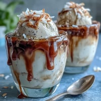 Creamy coconut cold brew float with vanilla ice cream, a tropical delight.