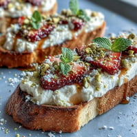 Golden sourdough toast topped with creamy ricotta, fresh strawberries, honey, and crunchy pistachios.