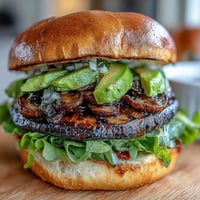 Juicy grilled portobello mushroom burgers piled high with creamy avocado, ready to feast.